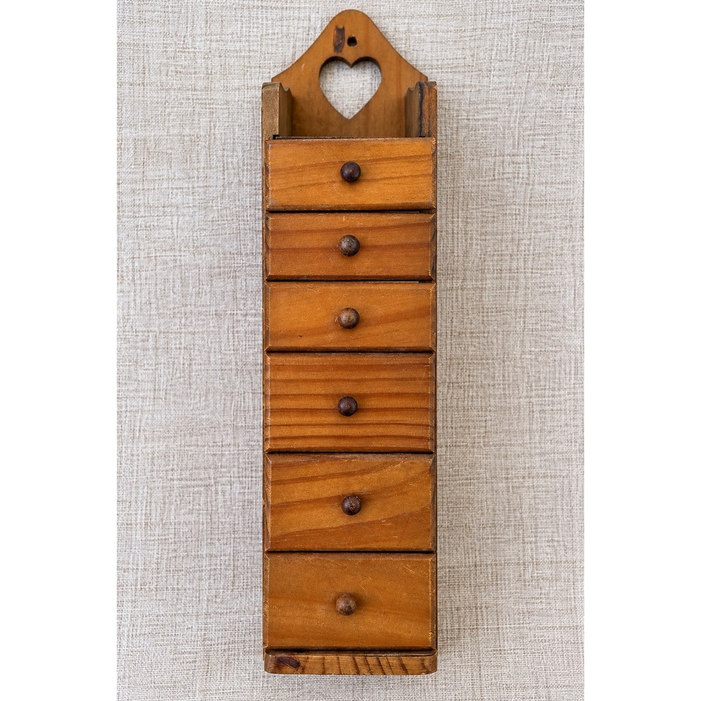 Vintage Interpur Wood 6 Drawer Wall Spice Cabinet Heart Cutout Cottagecore